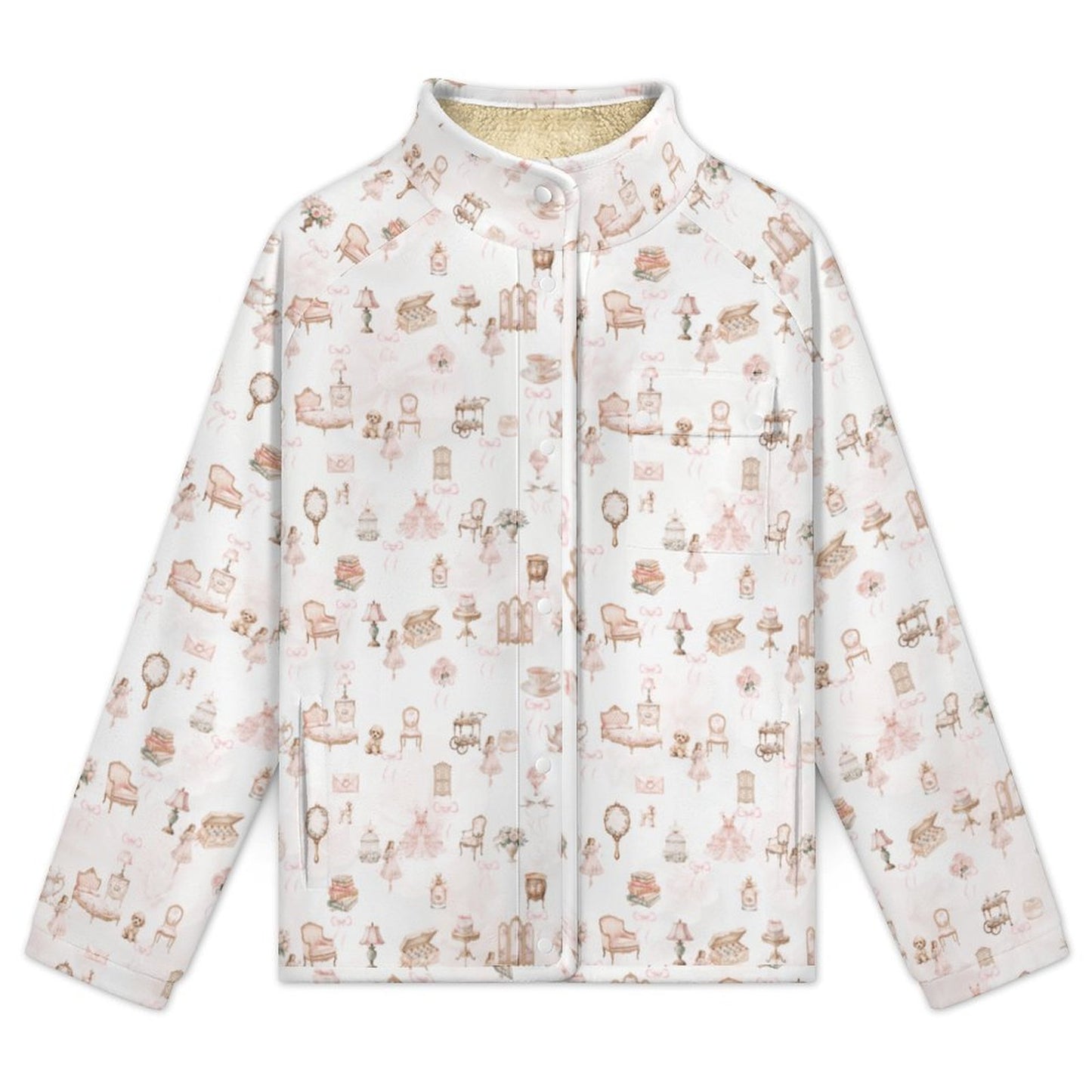 All Over Print Women's Casual Fleece-Lined Button-Up Jacket with Chest Pocket