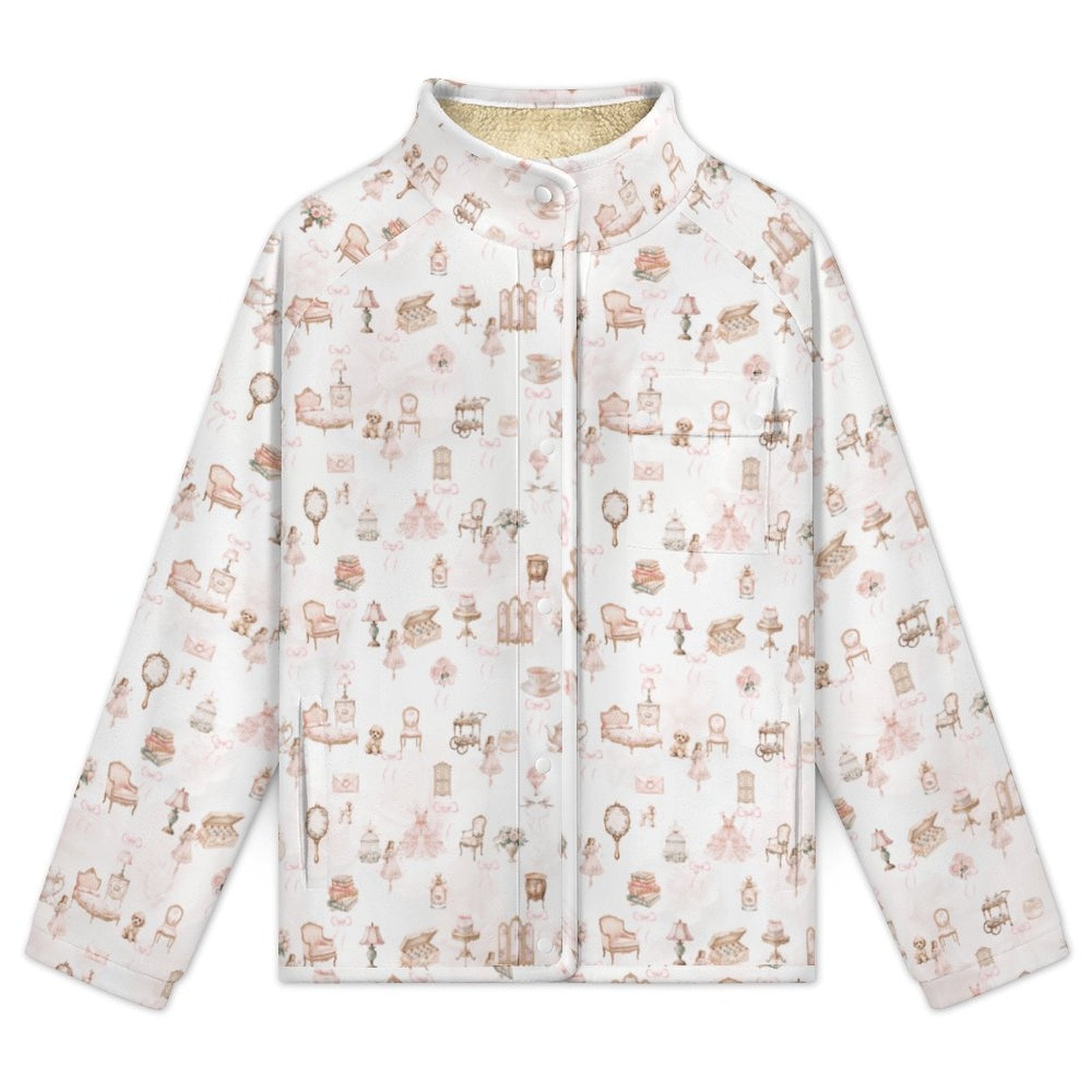 All Over Print Women's Casual Fleece-Lined Button-Up Jacket with Chest Pocket