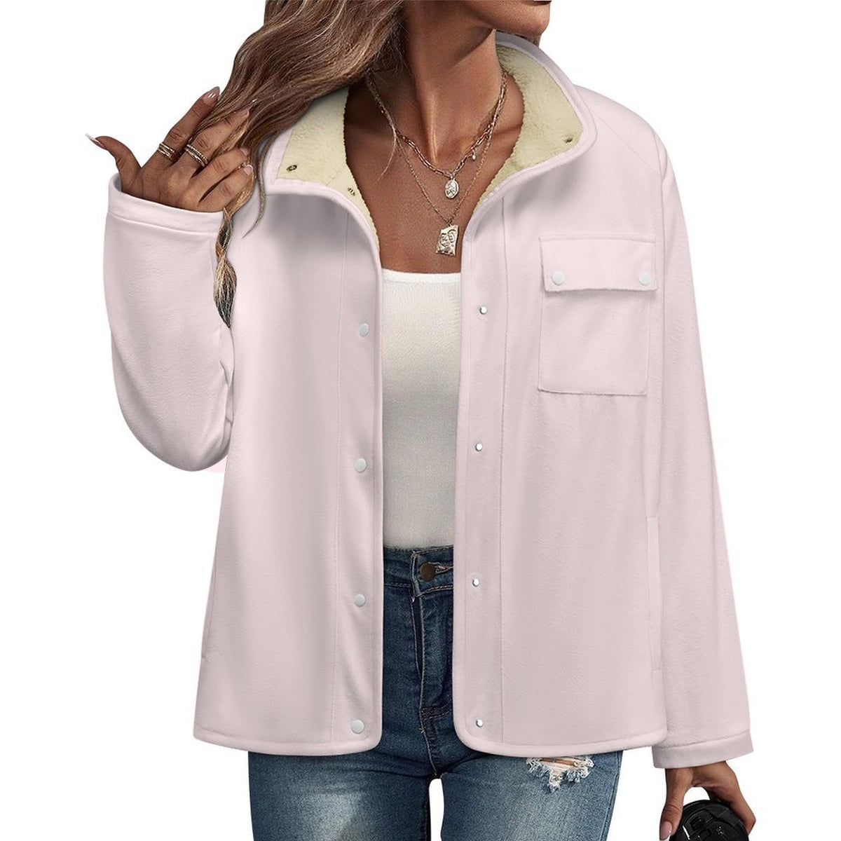 All Over Print Women's Casual Fleece-Lined Button-Up Jacket with Chest Pocket