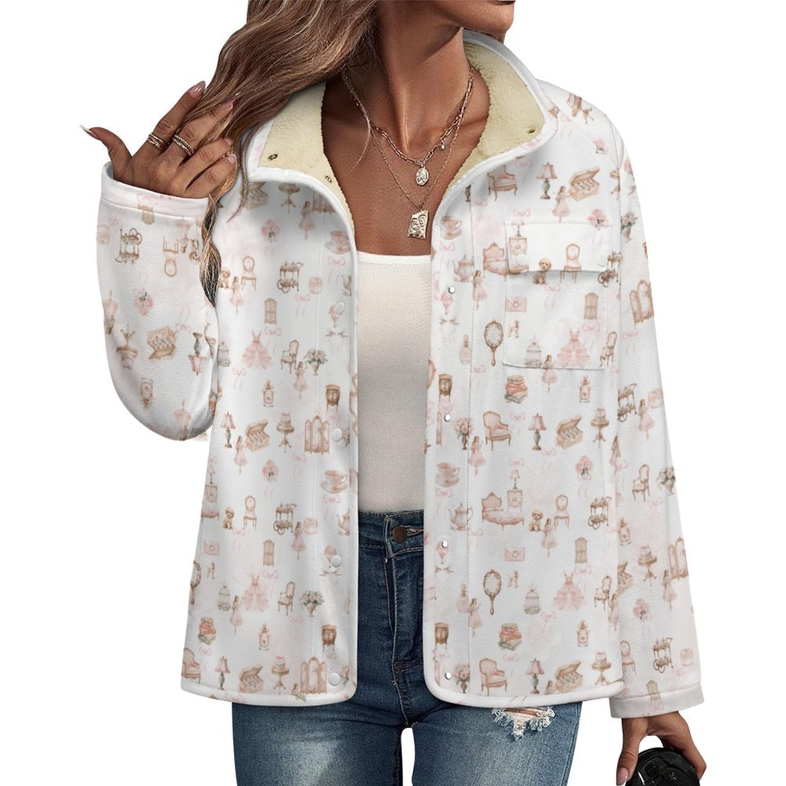 All Over Print Women's Casual Fleece-Lined Button-Up Jacket with Chest Pocket