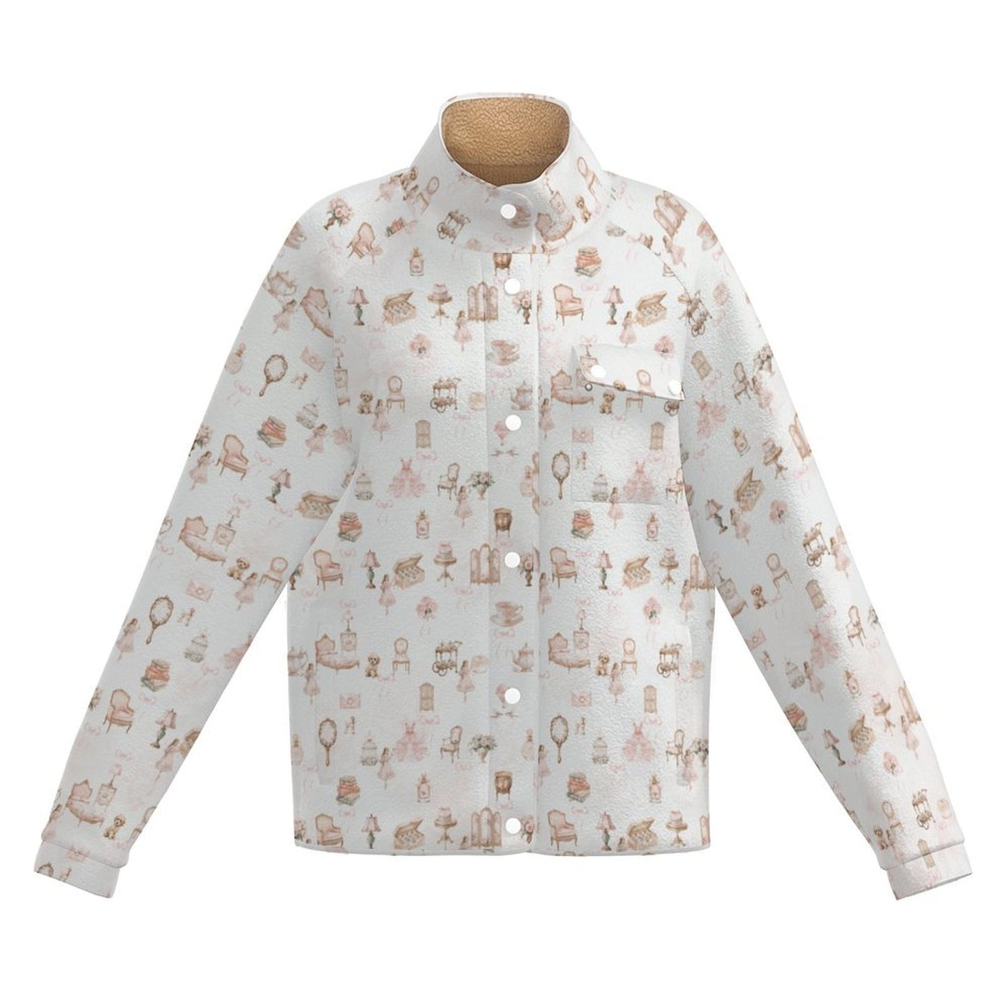All Over Print Women's Casual Fleece-Lined Button-Up Jacket with Chest Pocket