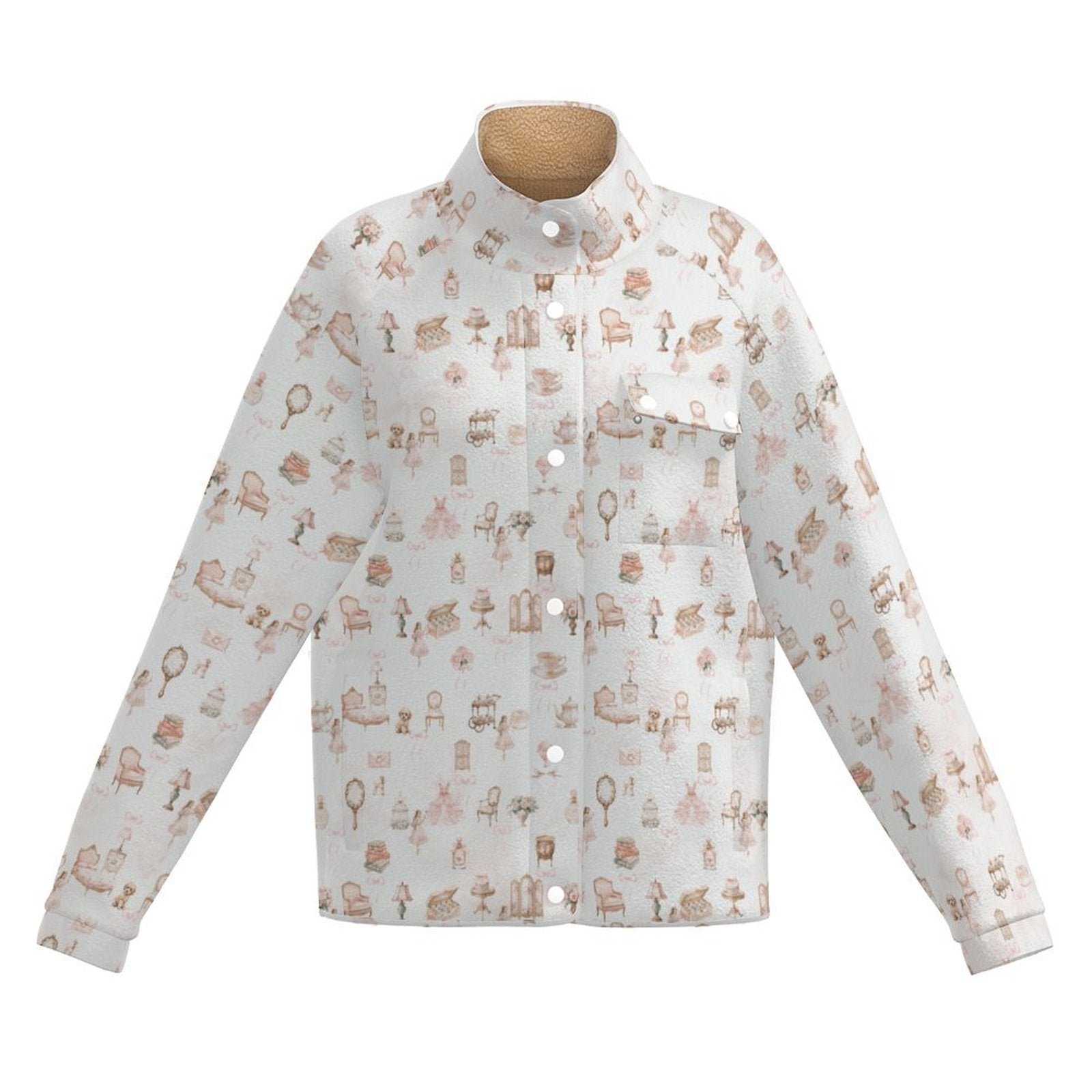 All Over Print Women's Casual Fleece-Lined Button-Up Jacket with Chest Pocket